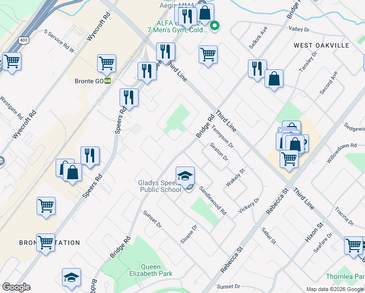 map of restaurants, bars, coffee shops, grocery stores, and more near in Oakville