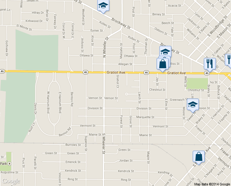 map of restaurants, bars, coffee shops, grocery stores, and more near 3 Shelley Court in Saginaw