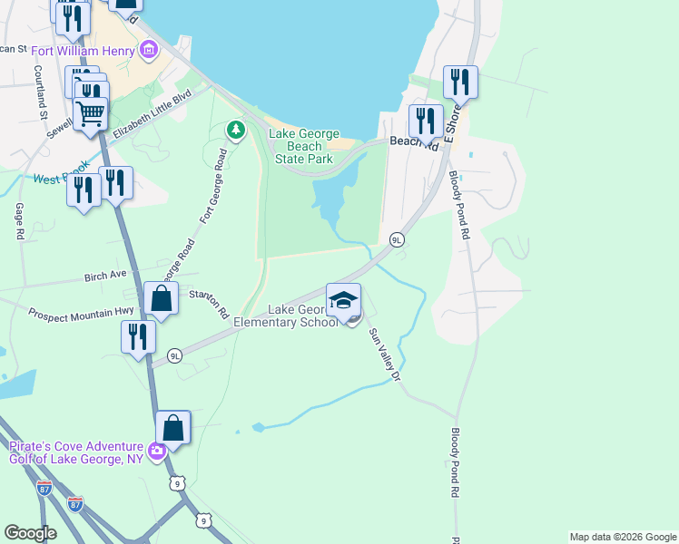 map of restaurants, bars, coffee shops, grocery stores, and more near 3976 New York 9L in Lake George
