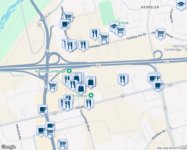 map of restaurants, bars, coffee shops, grocery stores, and more near Macdonald-Cartier Freeway in Cambridge