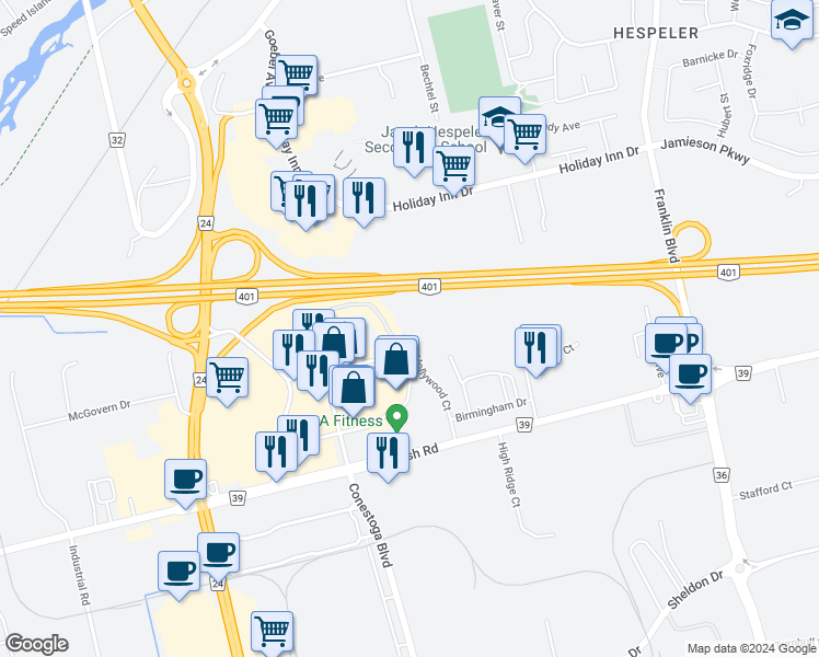 map of restaurants, bars, coffee shops, grocery stores, and more near 150 Hollywood Court in Cambridge