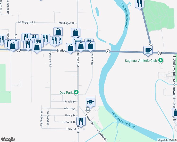 map of restaurants, bars, coffee shops, grocery stores, and more near 365 Adams Road in Saginaw