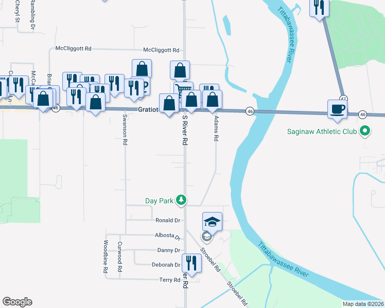 map of restaurants, bars, coffee shops, grocery stores, and more near 355 South River Road in Saginaw