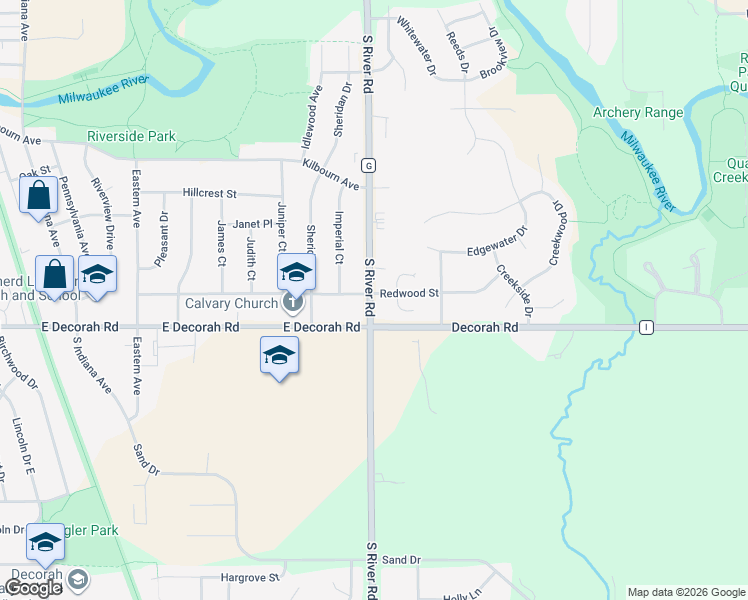 map of restaurants, bars, coffee shops, grocery stores, and more near 777 South River Road in West Bend