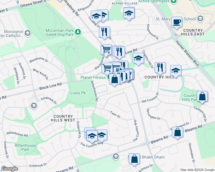 map of restaurants, bars, coffee shops, grocery stores, and more near 57 Brookfield Crescent in Kitchener
