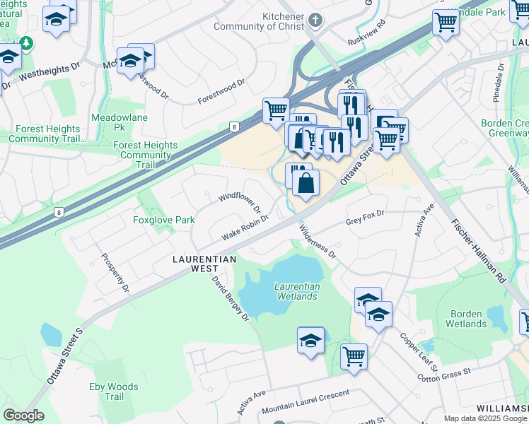 map of restaurants, bars, coffee shops, grocery stores, and more near 2 Windflower Drive in Kitchener