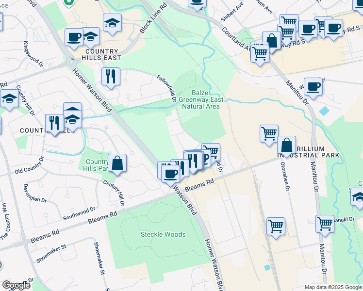 map of restaurants, bars, coffee shops, grocery stores, and more near Fallview Court in Kitchener