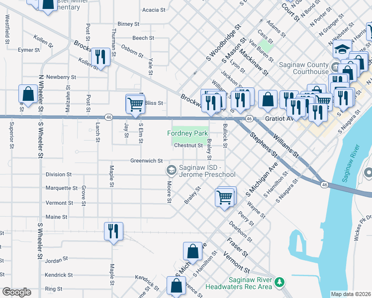 map of restaurants, bars, coffee shops, grocery stores, and more near 1221 Chestnut Street in Saginaw