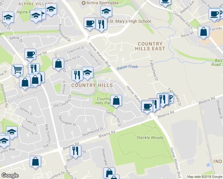 map of restaurants, bars, coffee shops, grocery stores, and more near 297 Country Hill Drive in Kitchener