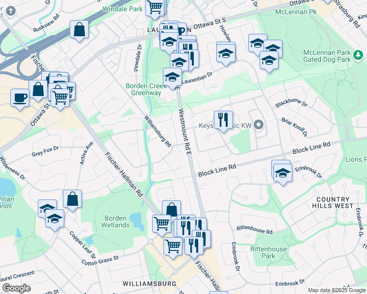 map of restaurants, bars, coffee shops, grocery stores, and more near 265 Williamsburg Road in Kitchener