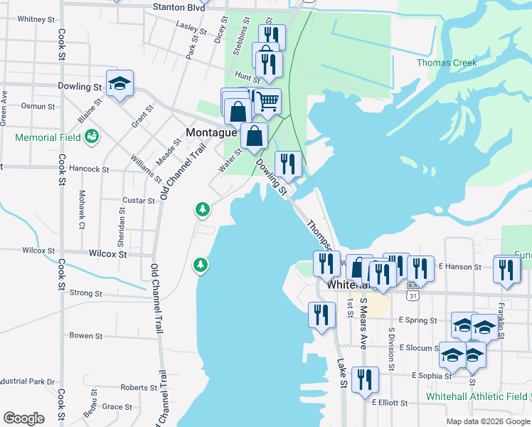 map of restaurants, bars, coffee shops, grocery stores, and more near 182 Ellenwood Estates Drive in Montague