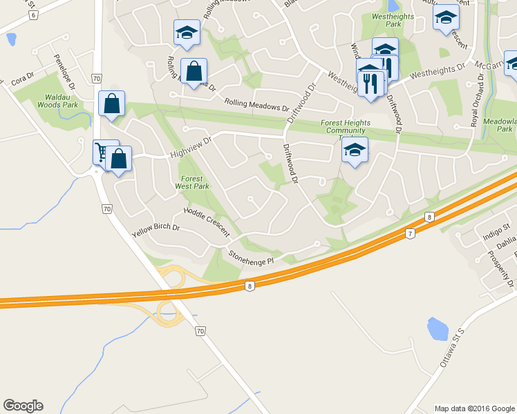 map of restaurants, bars, coffee shops, grocery stores, and more near 16 Sugar Maple Pl in Kitchener