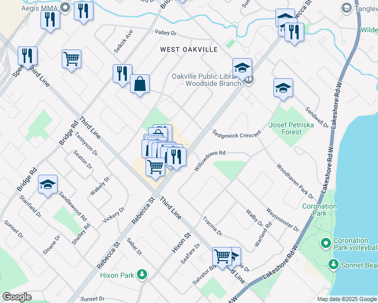 map of restaurants, bars, coffee shops, grocery stores, and more near 1455 Rebecca Street in Oakville