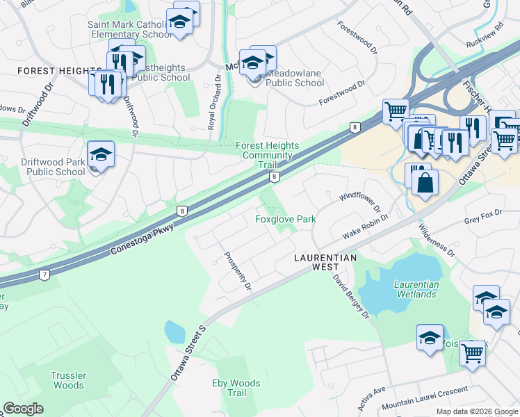 map of restaurants, bars, coffee shops, grocery stores, and more near 219 Prosperity Drive in Kitchener