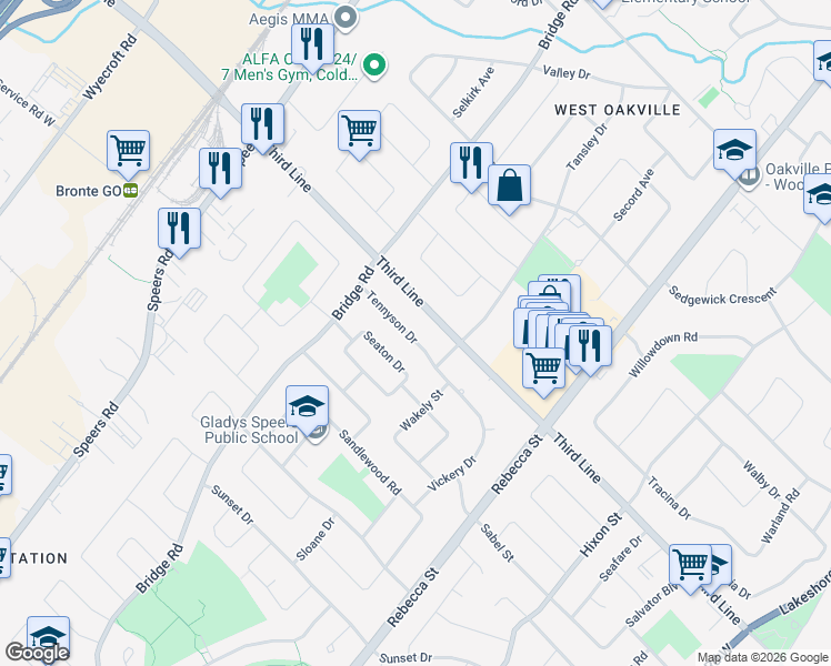 map of restaurants, bars, coffee shops, grocery stores, and more near 425 Tennyson Drive in Oakville