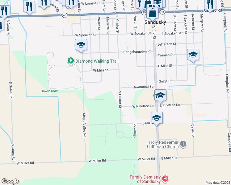 map of restaurants, bars, coffee shops, grocery stores, and more near 319 South Custer Street in Sandusky