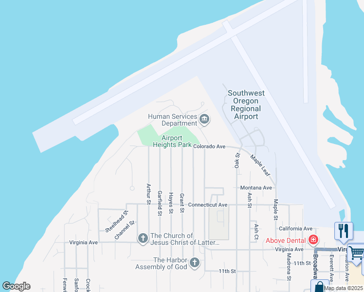 map of restaurants, bars, coffee shops, grocery stores, and more near Airport Heights Park in North Bend
