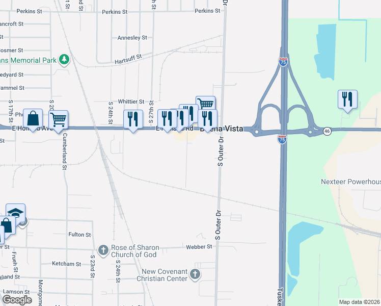 map of restaurants, bars, coffee shops, grocery stores, and more near 1501 Prueter Street in Saginaw