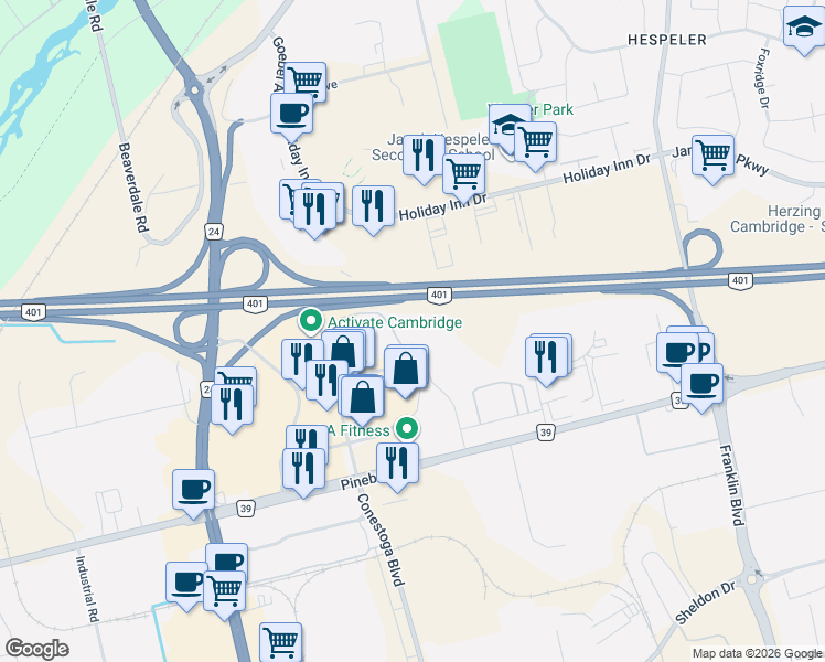 map of restaurants, bars, coffee shops, grocery stores, and more near 150 Hollywood Court in Cambridge