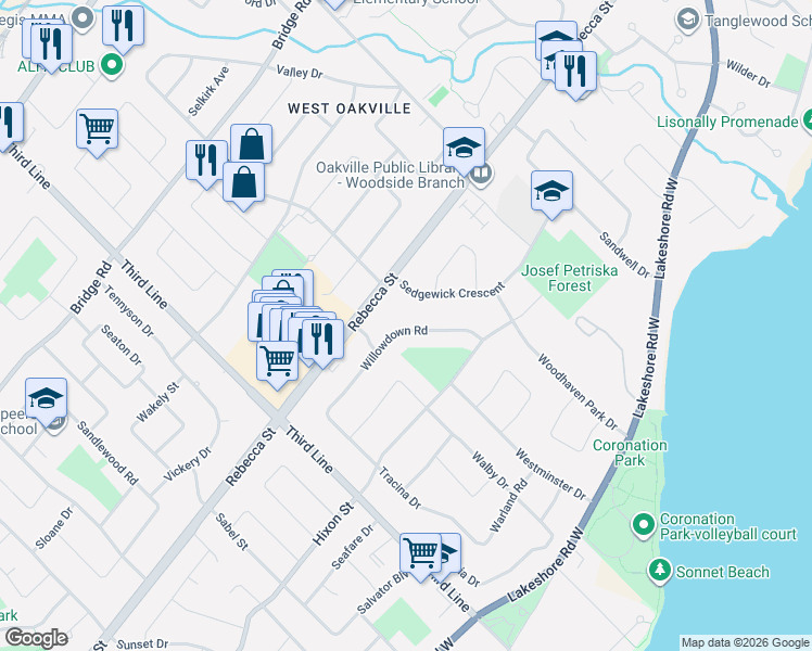 map of restaurants, bars, coffee shops, grocery stores, and more near in Oakville