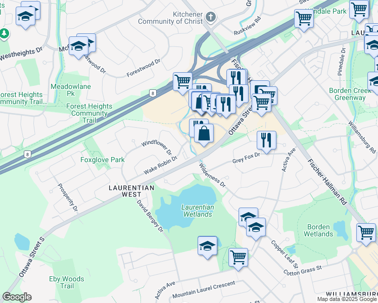 map of restaurants, bars, coffee shops, grocery stores, and more near 5 Wake Robin Drive in Kitchener