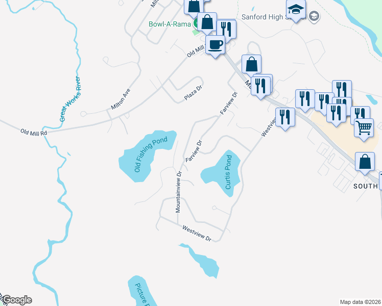 map of restaurants, bars, coffee shops, grocery stores, and more near 101 Farview Drive in Sanford