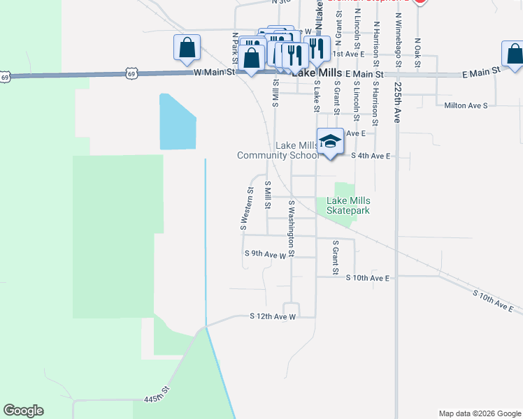 map of restaurants, bars, coffee shops, grocery stores, and more near 601-699 South Mill Street in Lake Mills