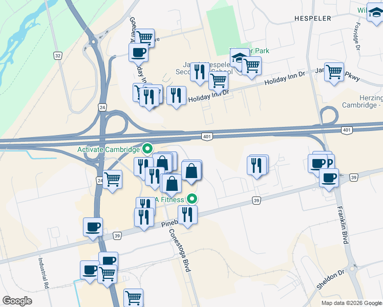 map of restaurants, bars, coffee shops, grocery stores, and more near 150 Hollywood Court in Cambridge