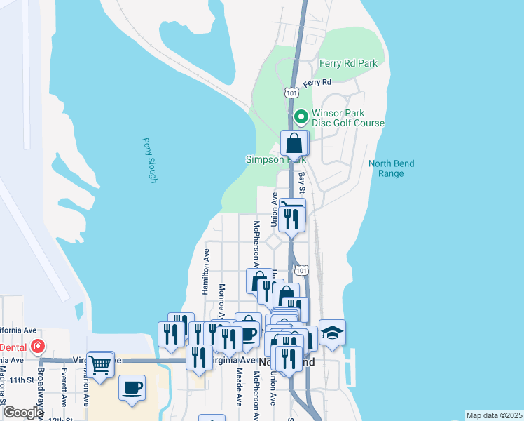 map of restaurants, bars, coffee shops, grocery stores, and more near 1508 Union Avenue in North Bend