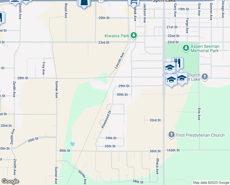 map of restaurants, bars, coffee shops, grocery stores, and more near 29th Street in Spirit Lake