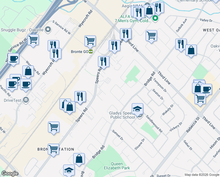 map of restaurants, bars, coffee shops, grocery stores, and more near 579 Trafford Crescent in Oakville