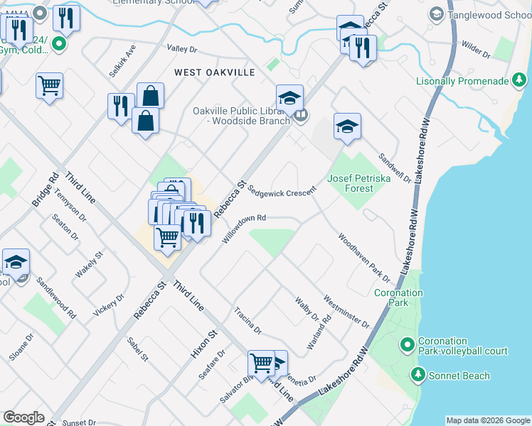map of restaurants, bars, coffee shops, grocery stores, and more near 1394 Willowdown Road in Oakville