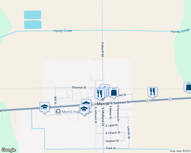 map of restaurants, bars, coffee shops, grocery stores, and more near 246 Hood Street in Merrill