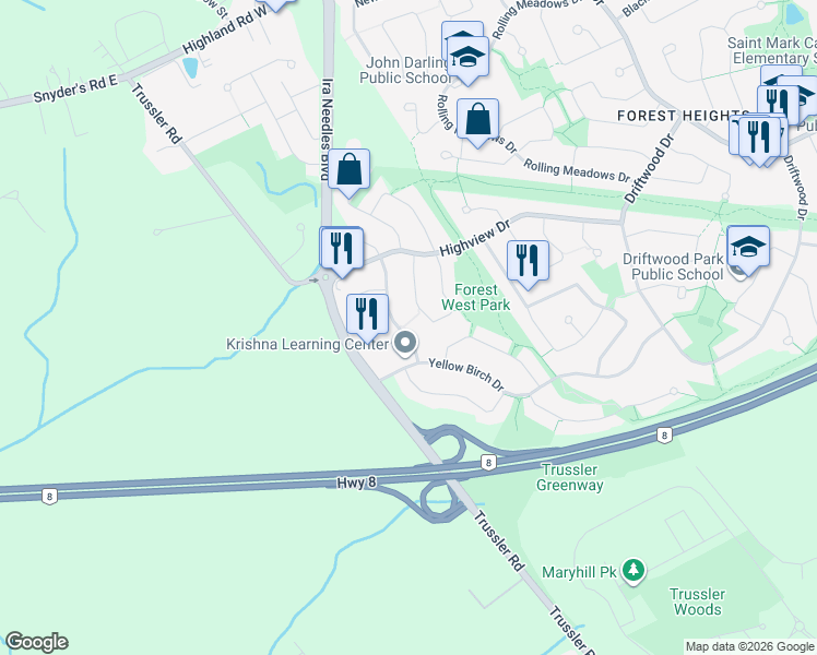 map of restaurants, bars, coffee shops, grocery stores, and more near 72 Golden Meadow Drive in Kitchener