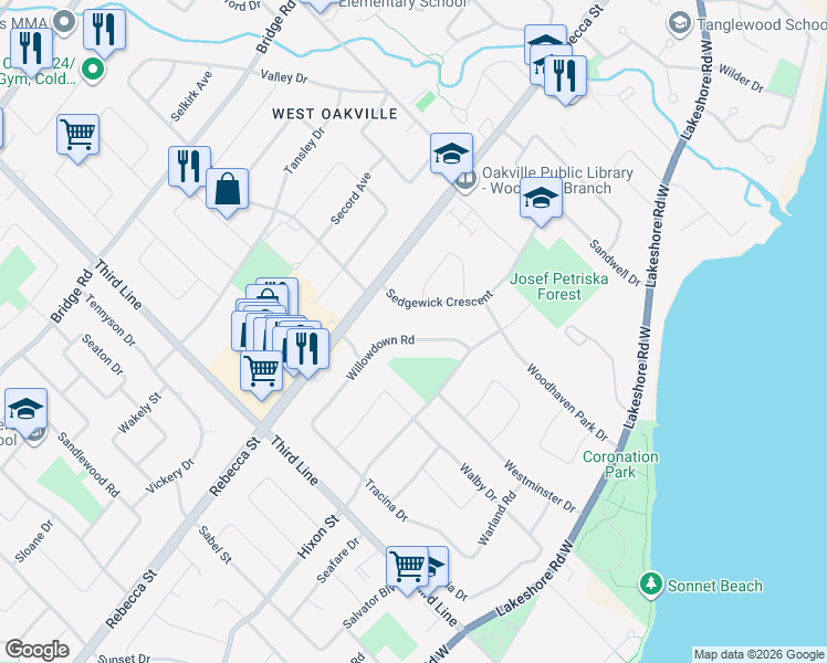 map of restaurants, bars, coffee shops, grocery stores, and more near 1394 Willowdown Road in Oakville