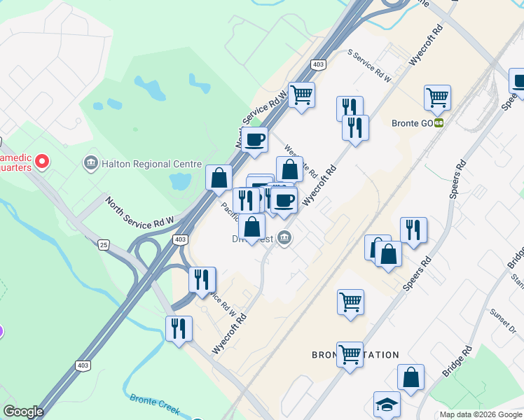 map of restaurants, bars, coffee shops, grocery stores, and more near 775 Pacific Road in Oakville