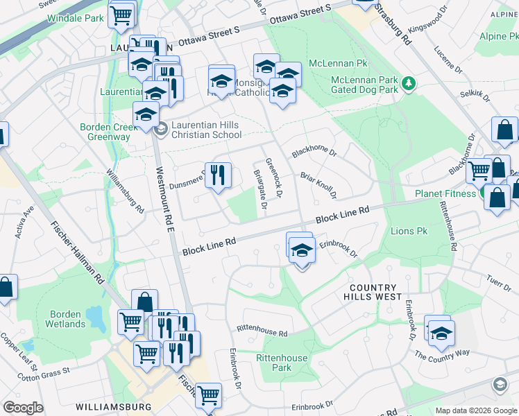 map of restaurants, bars, coffee shops, grocery stores, and more near 93 Briargate Drive in Kitchener