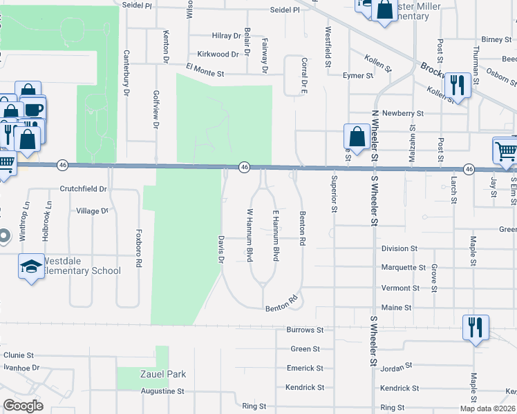 map of restaurants, bars, coffee shops, grocery stores, and more near 15 West Hannum Boulevard in Saginaw