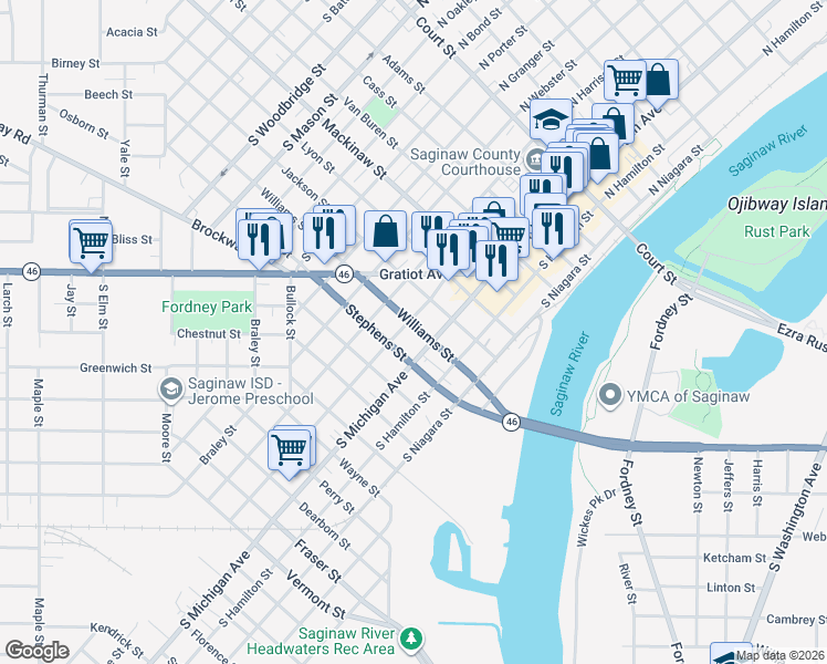 map of restaurants, bars, coffee shops, grocery stores, and more near 515 Williams Street in Saginaw