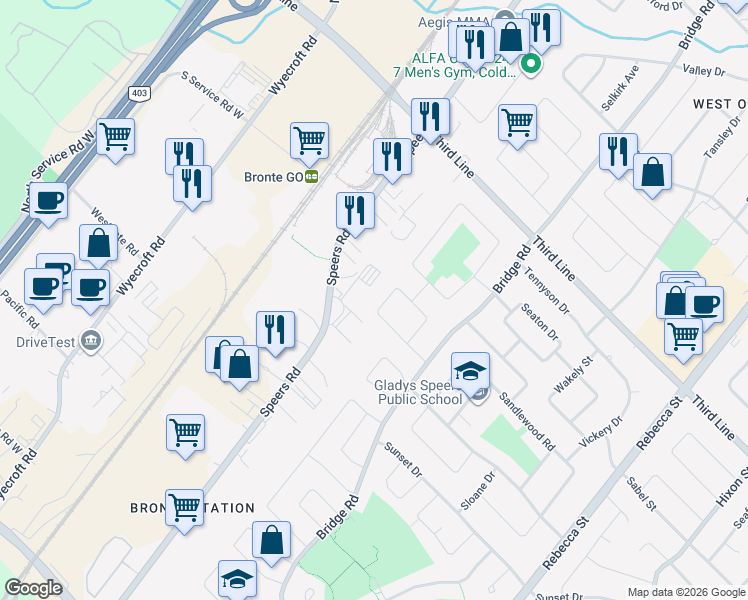 map of restaurants, bars, coffee shops, grocery stores, and more near 578 Trafford Crescent in Oakville