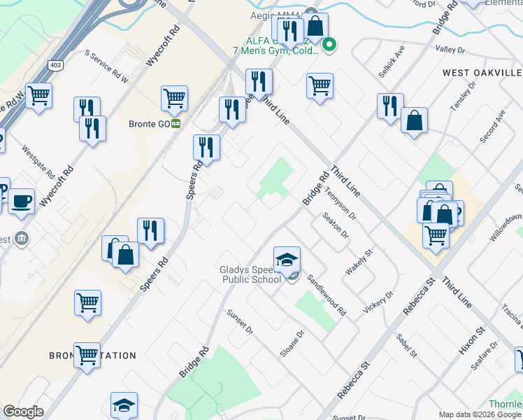 map of restaurants, bars, coffee shops, grocery stores, and more near 2100 Seabrook Drive in Oakville
