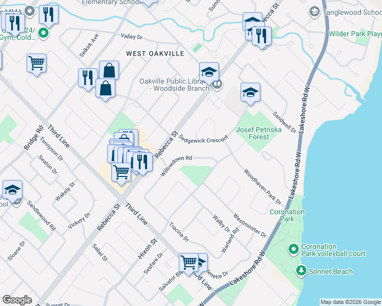 map of restaurants, bars, coffee shops, grocery stores, and more near 1394 Willowdown Road in Oakville