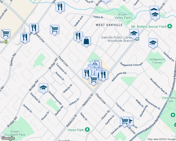 map of restaurants, bars, coffee shops, grocery stores, and more near 1500 Tansley Drive in Oakville