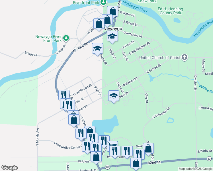 map of restaurants, bars, coffee shops, grocery stores, and more near 199 West Barton Street in Newaygo