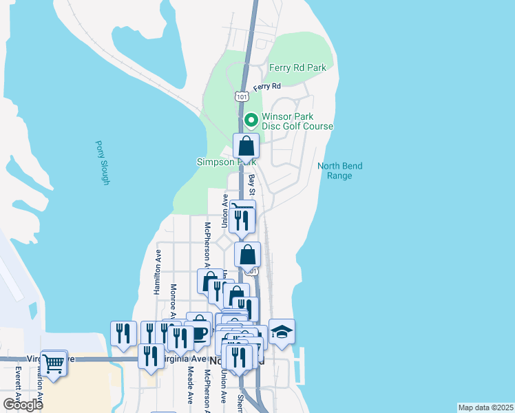 map of restaurants, bars, coffee shops, grocery stores, and more near 1480 Bay Street in North Bend