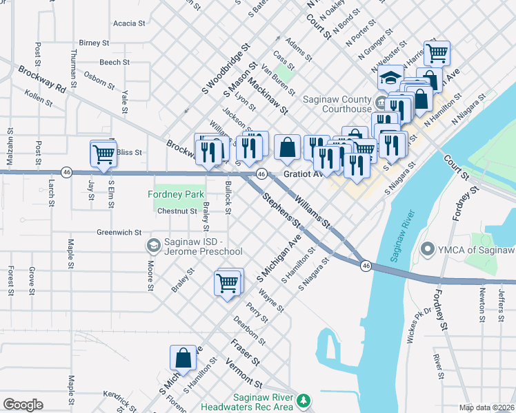 map of restaurants, bars, coffee shops, grocery stores, and more near 920 South Harrison Street in Saginaw
