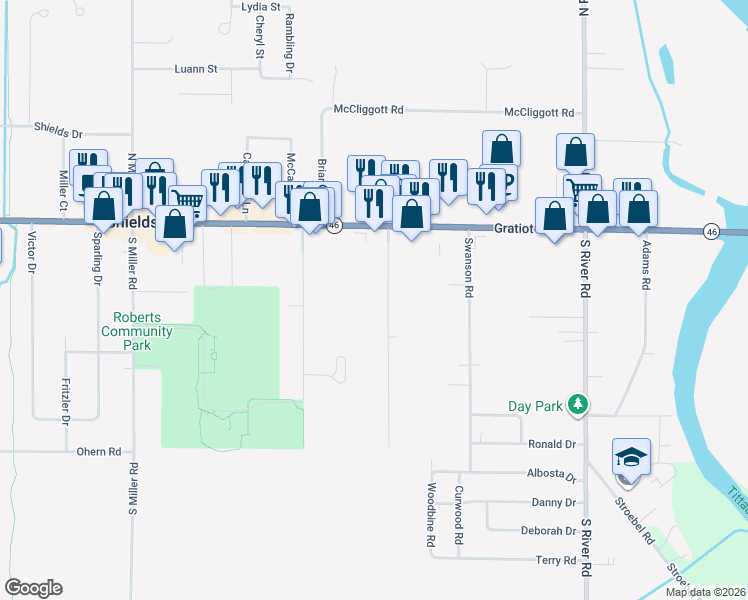 map of restaurants, bars, coffee shops, grocery stores, and more near 420 Lutzke Road in Saginaw