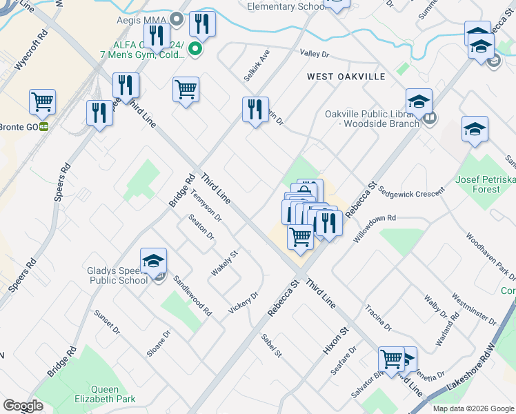 map of restaurants, bars, coffee shops, grocery stores, and more near 1500 Tansley Drive in Oakville