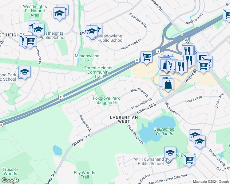 map of restaurants, bars, coffee shops, grocery stores, and more near 523 Windflower Crescent in Kitchener