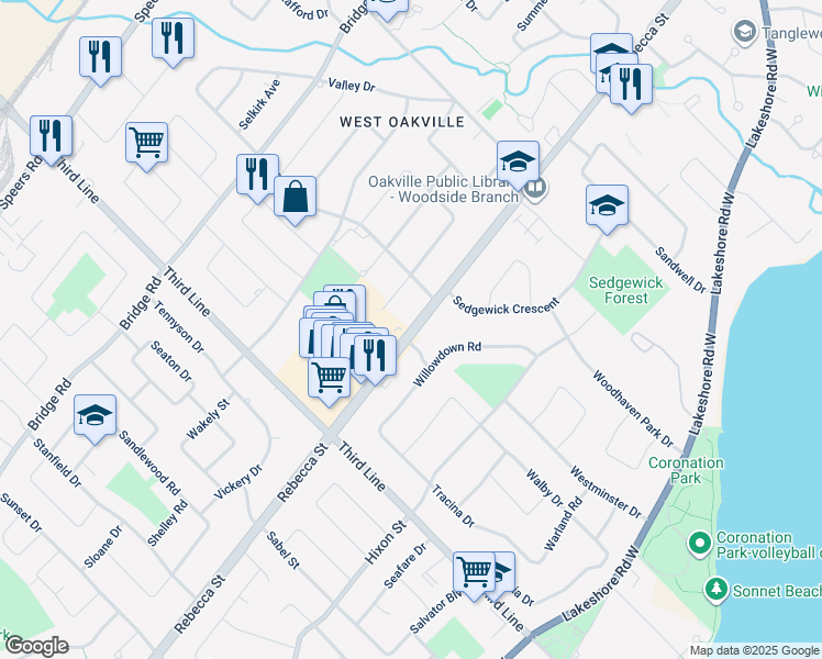 map of restaurants, bars, coffee shops, grocery stores, and more near 1427 Willowdown Road in Oakville